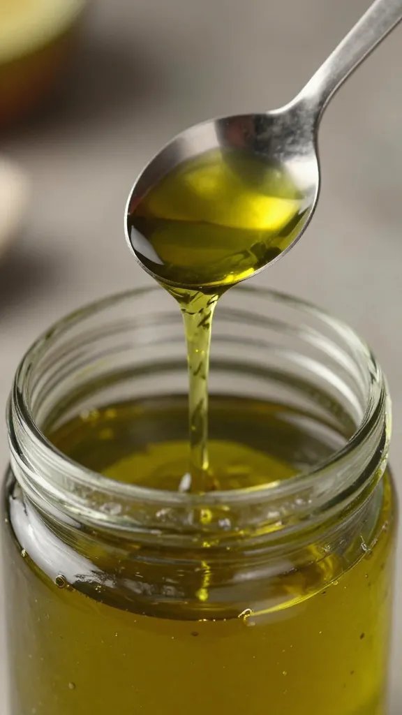 measuring spoon pouring olive oil into marinade jar, closeup