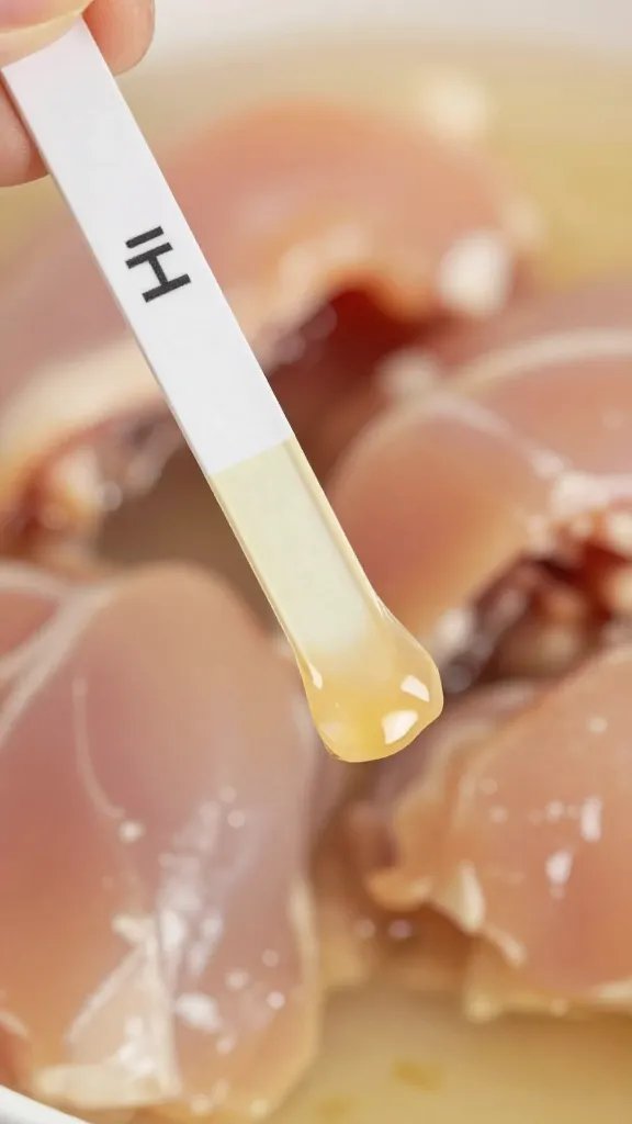 pH test strip touching chicken marinade, closeup