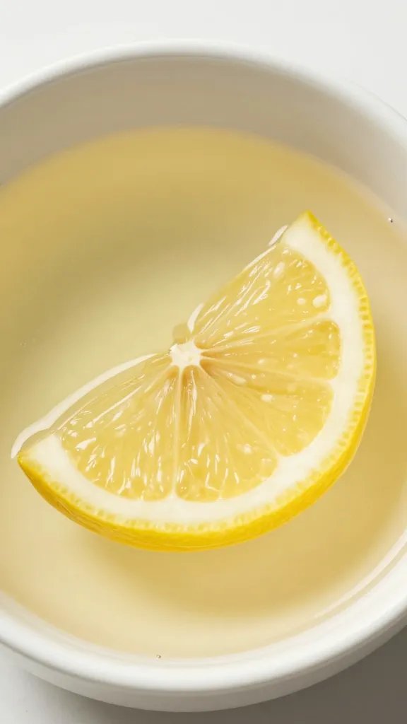 single lemon wedge beside marinade bowl, not squeezed, closeup