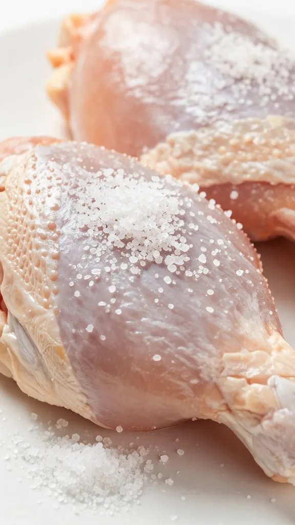 coarse kosher salt sprinkled over raw chicken thigh, macro