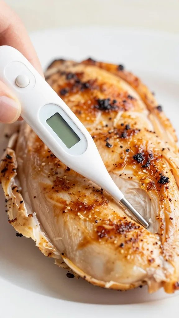 instant‑read thermometer inserted in grilled chicken breast, closeup