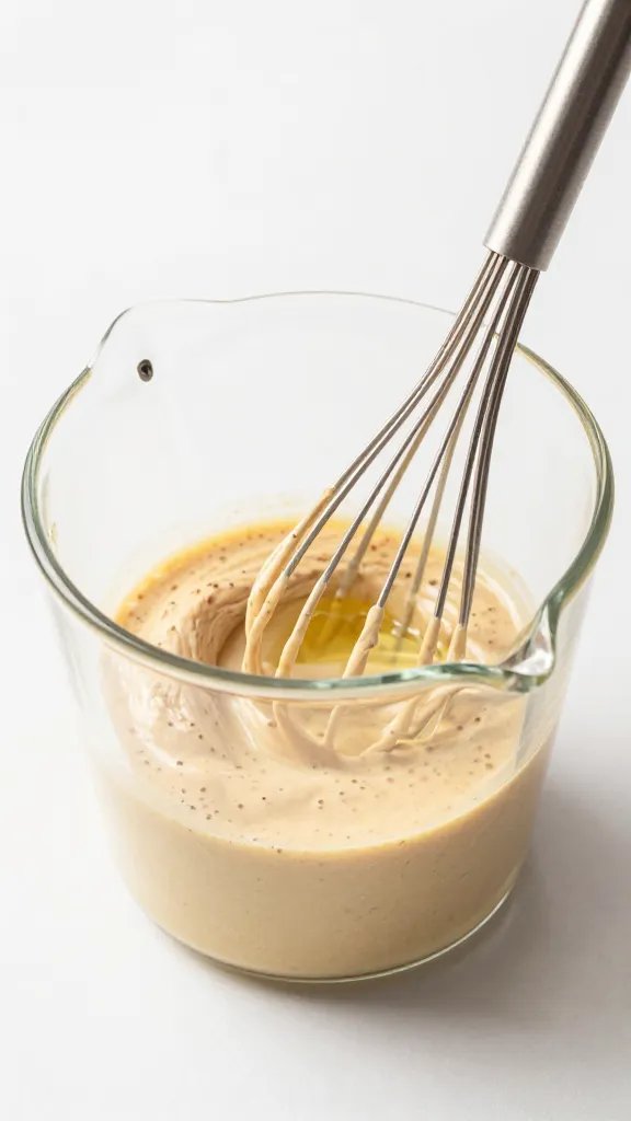 whisk emulsifying oil-based chicken marinade in small beaker