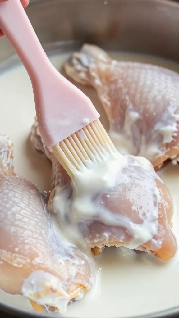 silicone brush coating chicken thigh with yogurt marinade, closeup