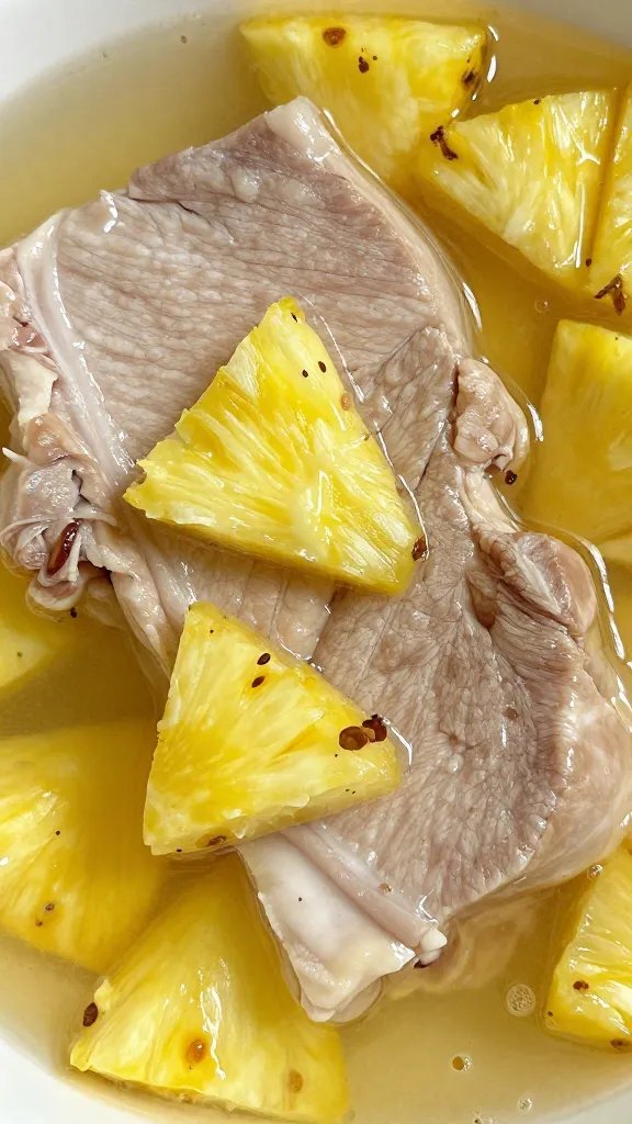 tight shot of pork chop in pineapple enzyme marinade