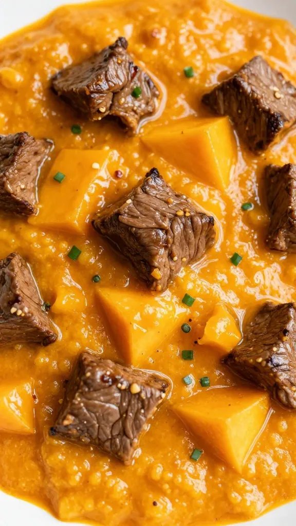 closeup of beef cubes in papaya puree marinade