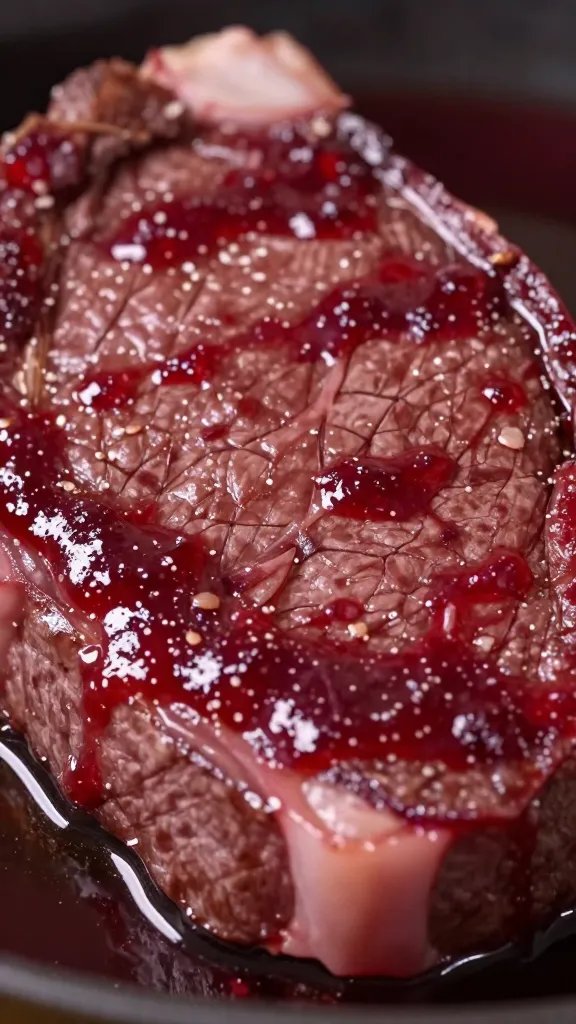 macro of flank steak in red wine vinegar marinade