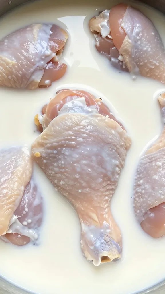 tight shot of chicken thigh in buttermilk marinade