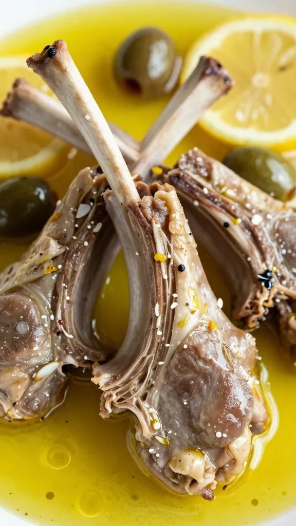 closeup of lamb chop in lemon and olive oil marinade