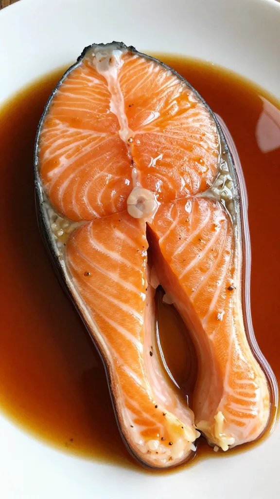tight shot of salmon fillet in miso and rice vinegar