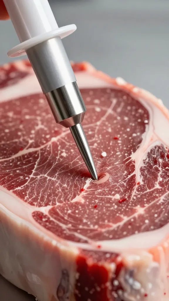 closeup of injector needle piercing brisket flat