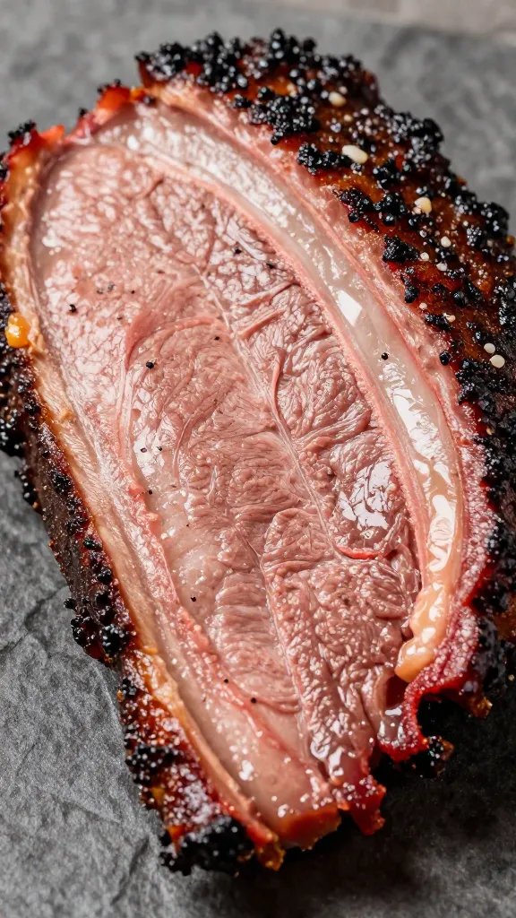 brisket slice showing moist interior from injection