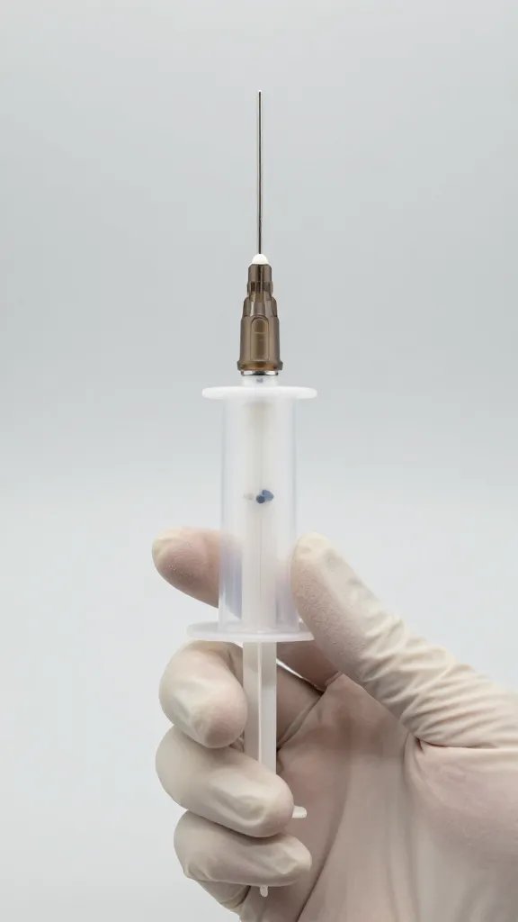 gloved hand holding filled meat injector, macro