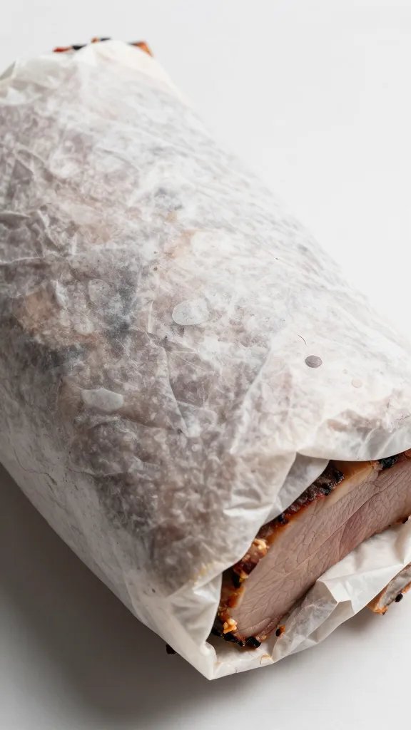resting brisket wrapped in butcher paper, closeup