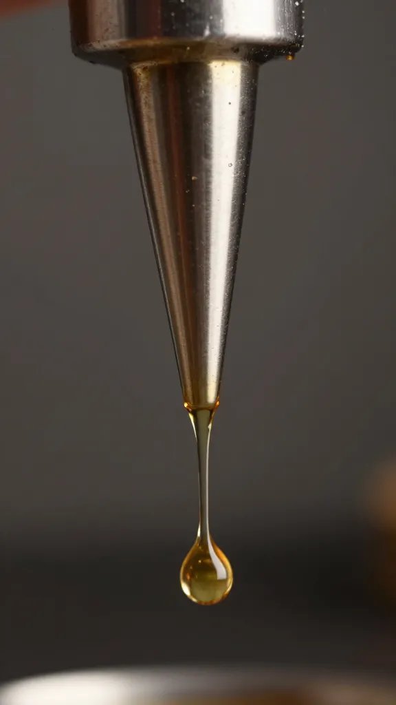 drip of marinade emerging from injector tip, macro