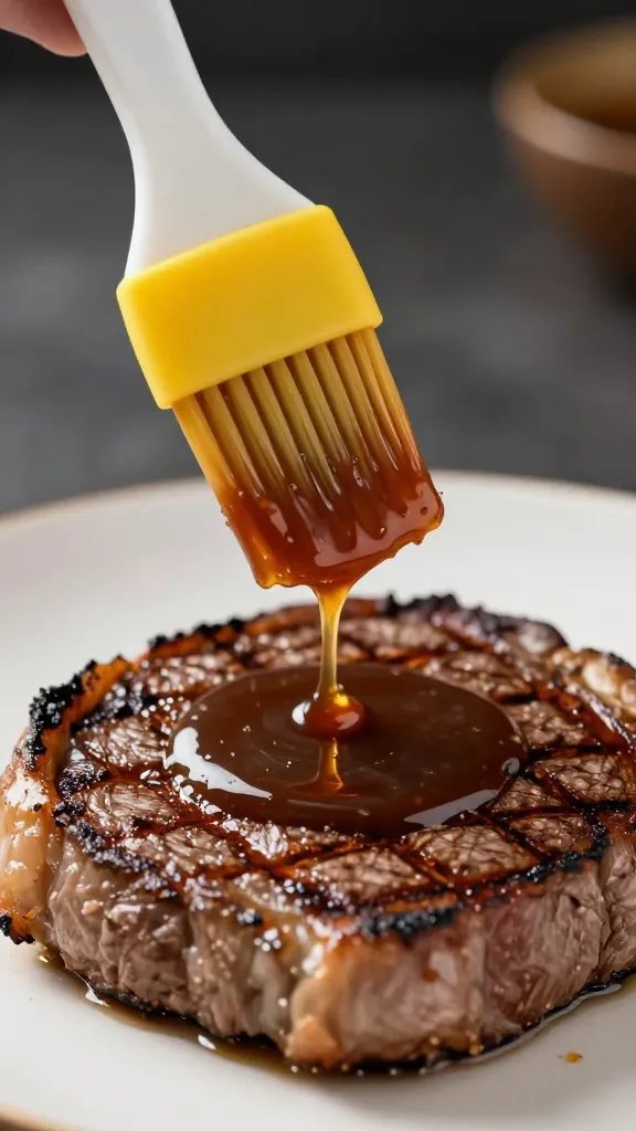 silicone basting brush dripping sauce over seared steak