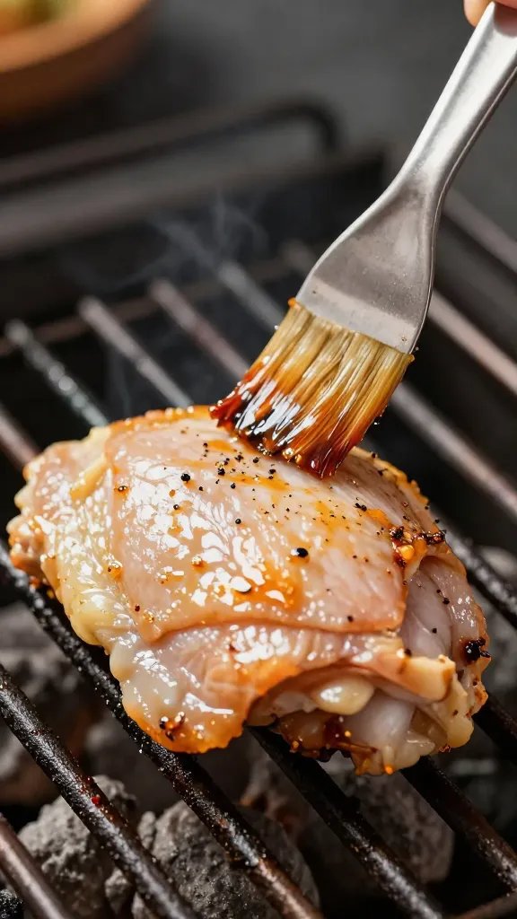 closeup chicken thigh first flip on grill, brush hovering
