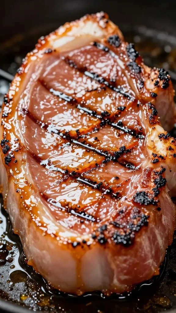 glossy pork chop surface mid-baste, grill marks crisp