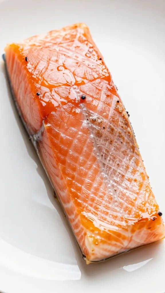 salmon fillet skin-side down, thin glaze brushed on