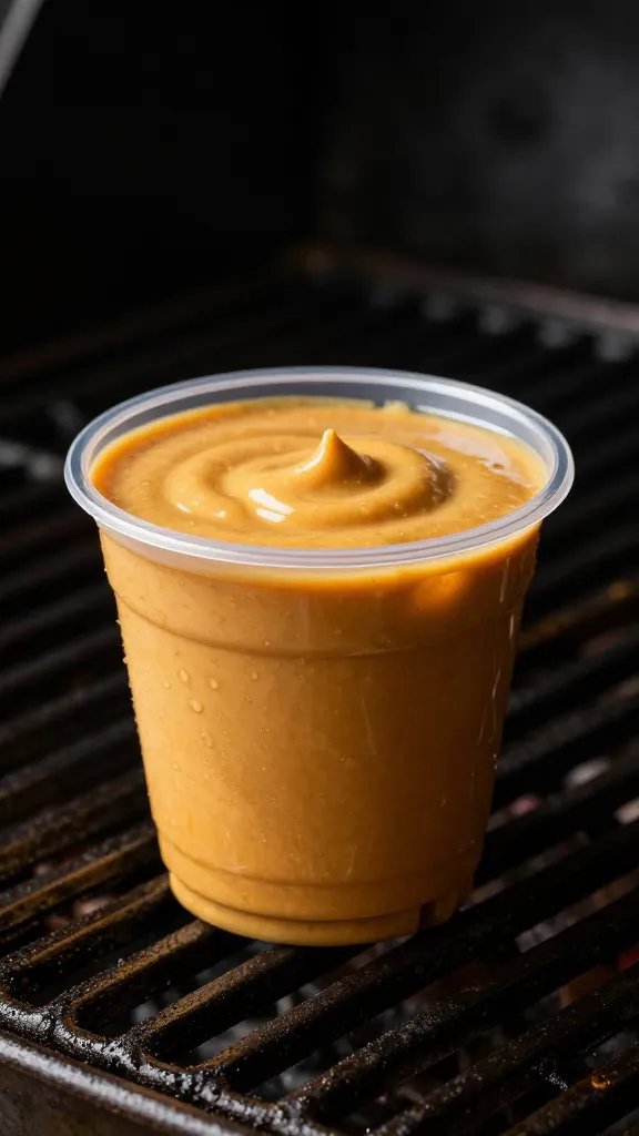 heat-safe cup of basting sauce beside grill grates