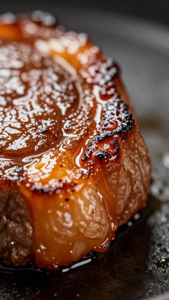 caramelized steak edge, lacquered glaze catching light