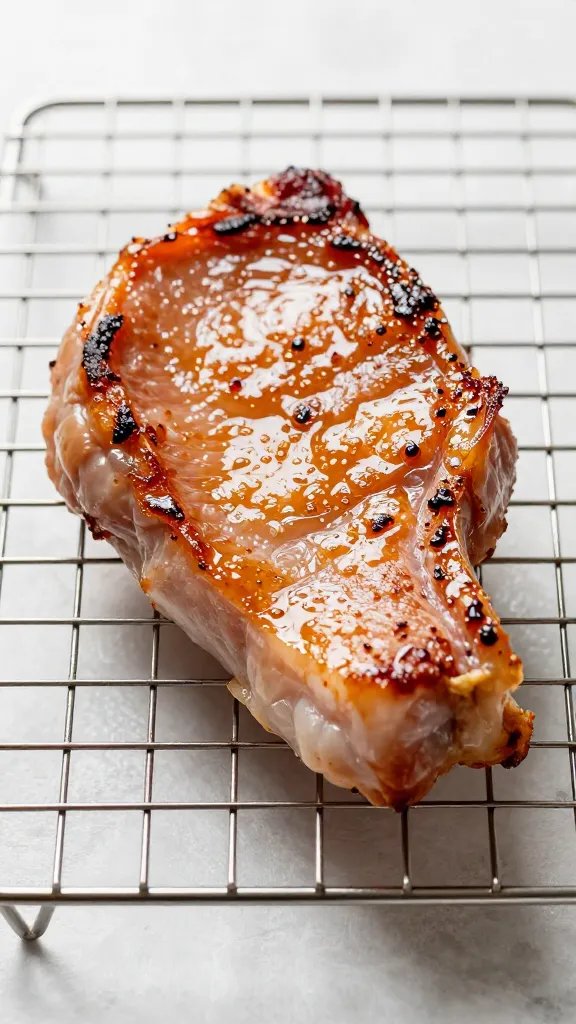 clean resting rack with just-basted pork chop glistening