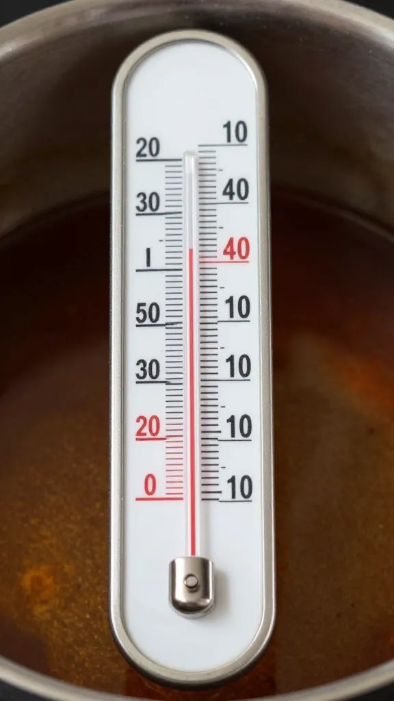 thermometer probe reading 155°F in sauce pan