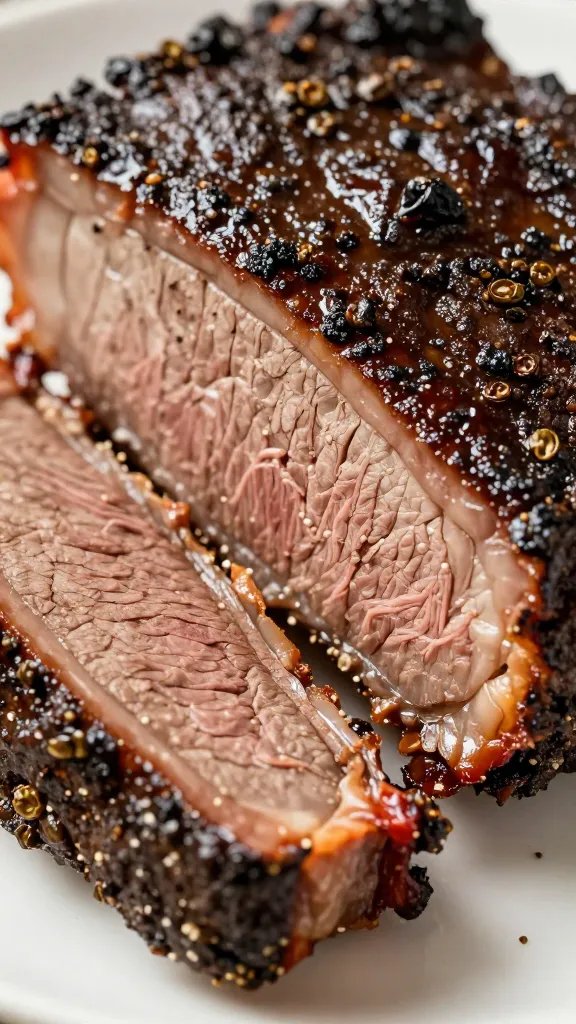 Closeup of peppery dry-rubbed brisket bark, sliced edge