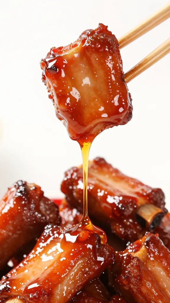 Glossy sauced pork rib, sticky glaze dripping