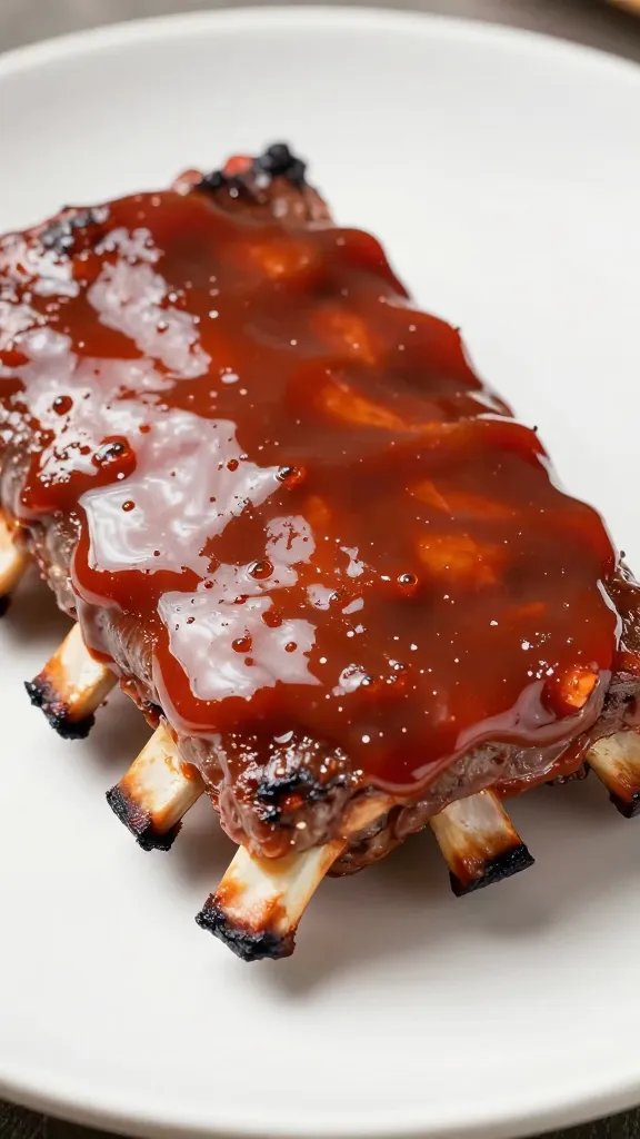 Brushed barbecue sauce on rib, high-gloss sheen