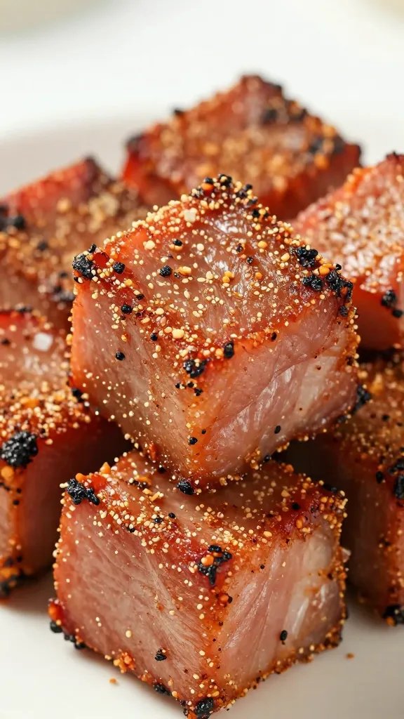 Dry-rubbed pork shoulder cube, crust detail