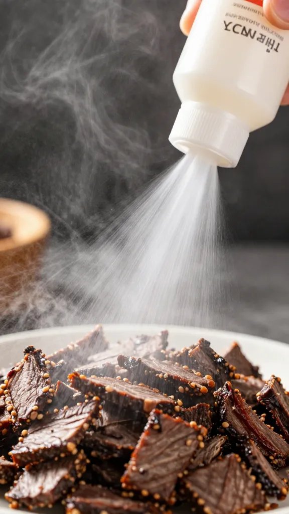 Spritz bottle misting brisket bark, tight closeup