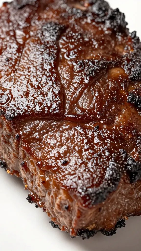 Closeup of pepper-crusted brisket bark, mahogany sheen
