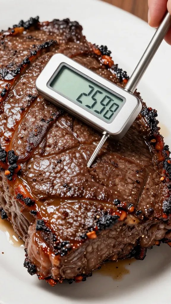 Thermometer probe inserted in brisket bark, 250°F display