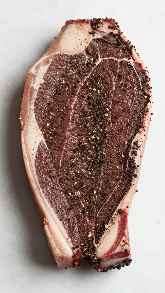 Coarse black pepper rub on raw brisket flat, dry surface