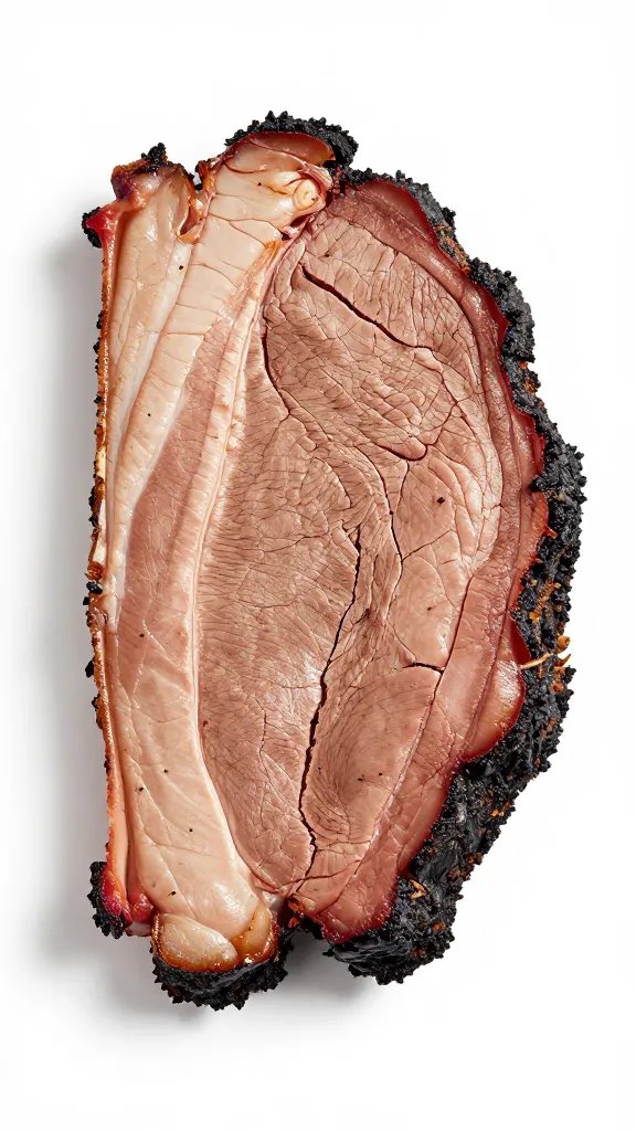 Smoke-kissed brisket slice edge showing bark ring