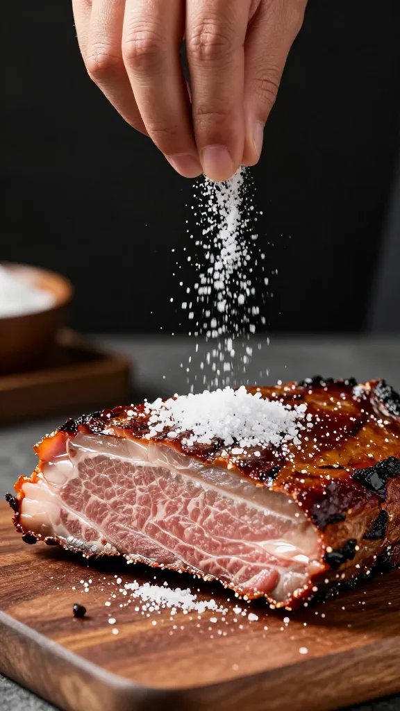 Hand sprinkling kosher salt over dry brisket surface