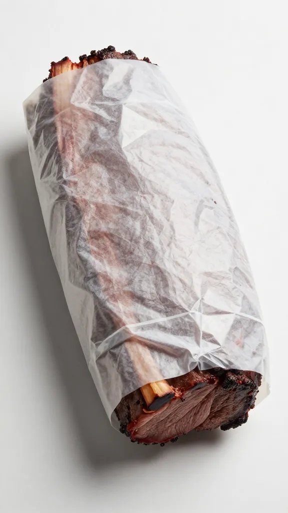 Butcher paper wrap sealing a barked brisket end