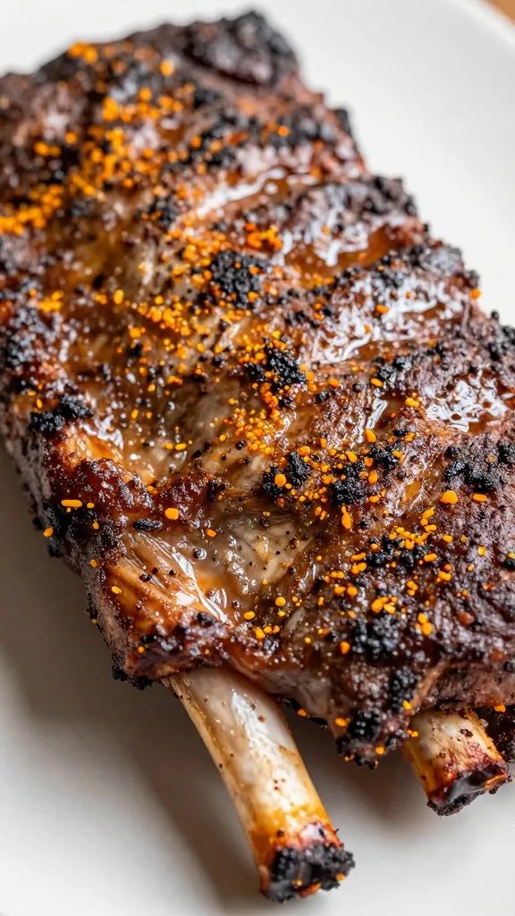 closeup of St. Louis rib rack with dry rub crust