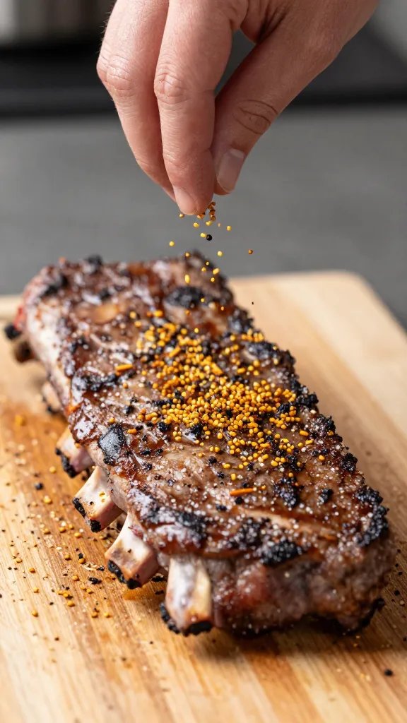 hand sprinkling dry rub over single rib rack