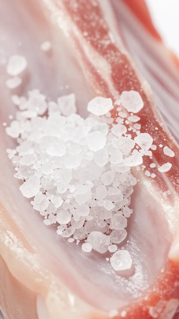 coarse salt granules on raw rib surface, macro