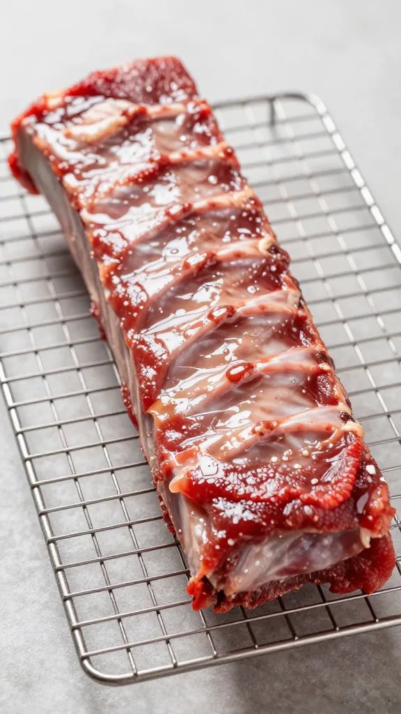 rib rack resting on wire rack, rub glistening