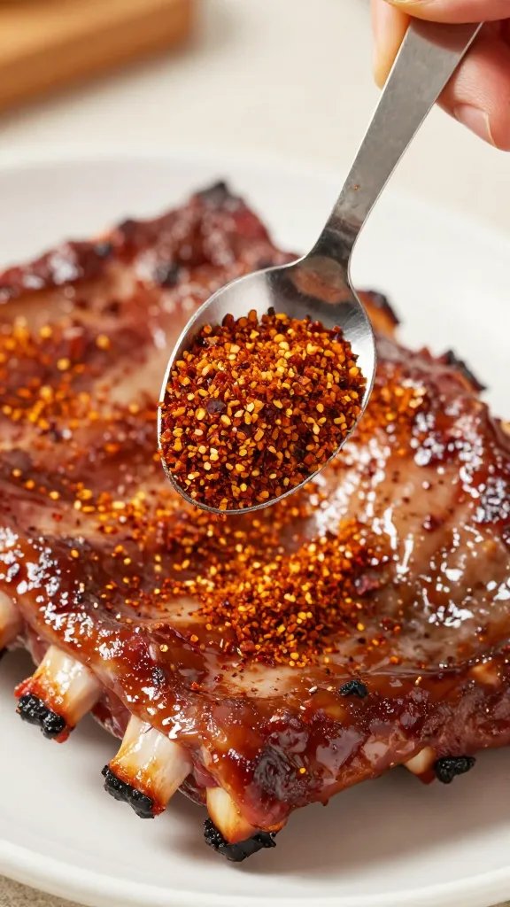 measuring spoon leveling paprika rub over ribs