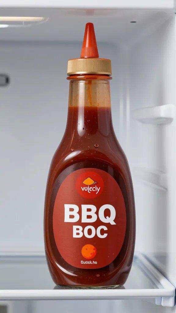 Single squeeze bottle of BBQ sauce in fridge door