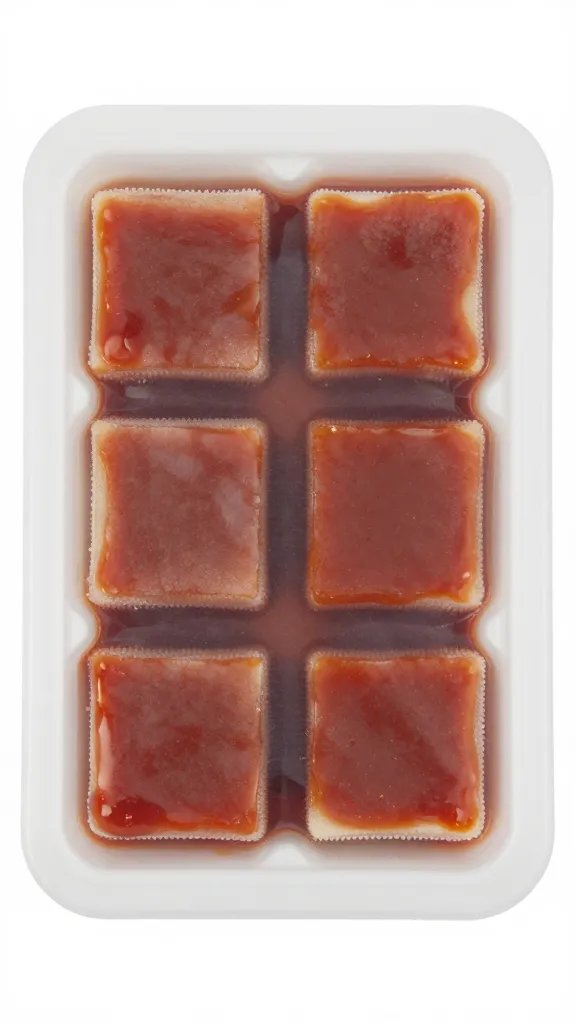 Frozen BBQ sauce cube in labeled silicone tray