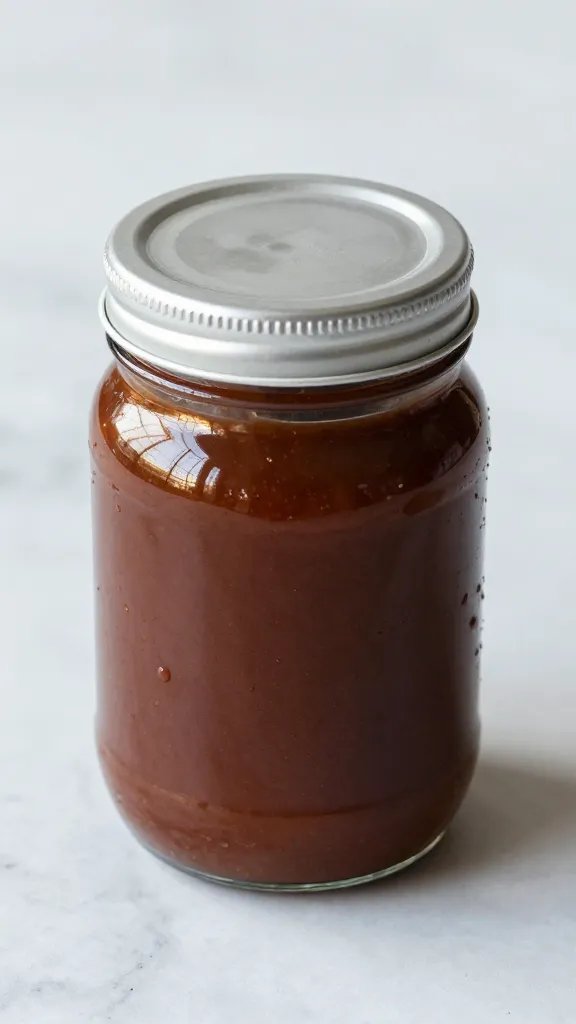 Airtight glass jar of BBQ sauce on marble countertop