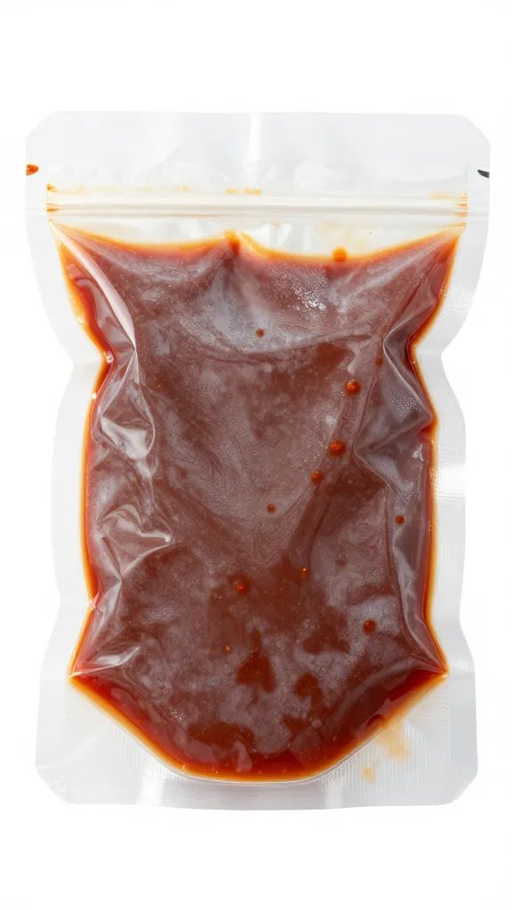 Single vacuum-sealed pouch of BBQ sauce, frosty surface