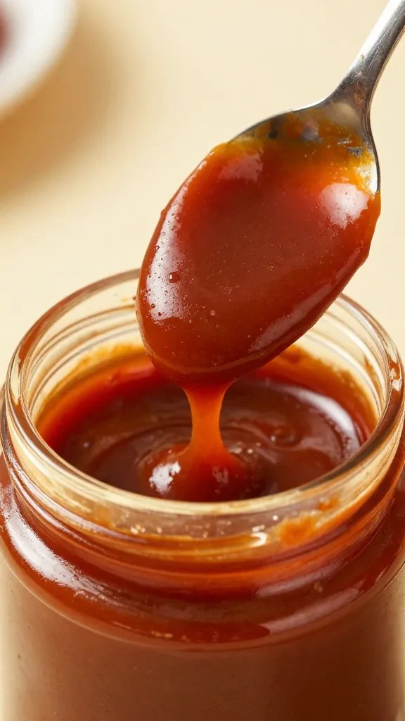 Spoon dipped in thick BBQ sauce over jar rim