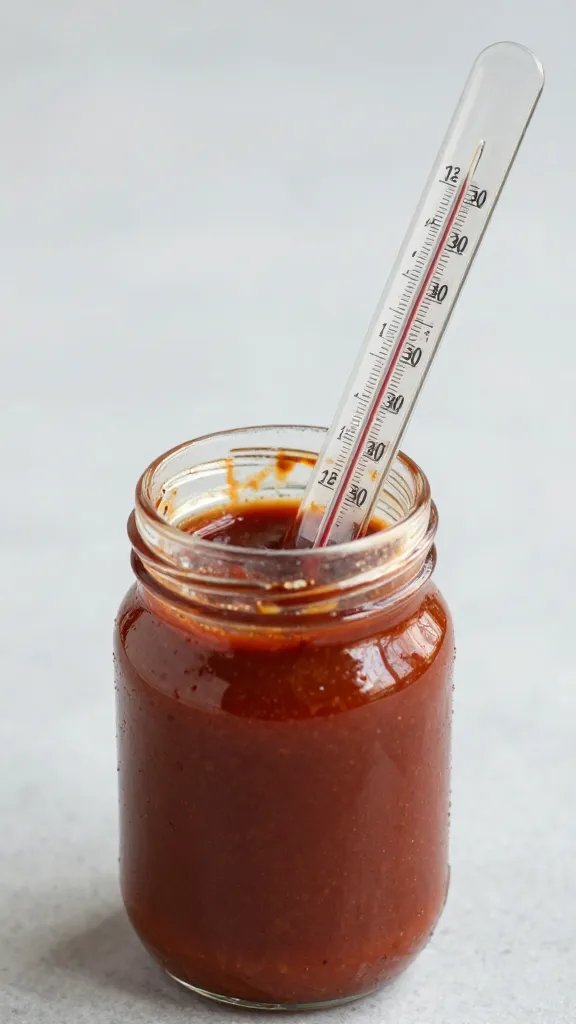 Single thermometer probe checking chilled BBQ sauce jar