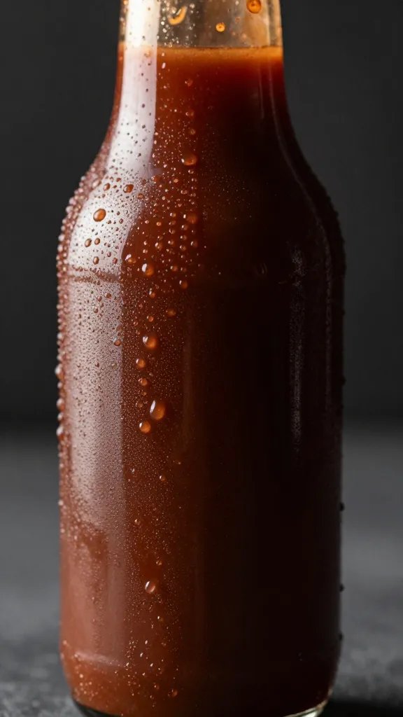 Closeup of condensation on chilled BBQ sauce bottle