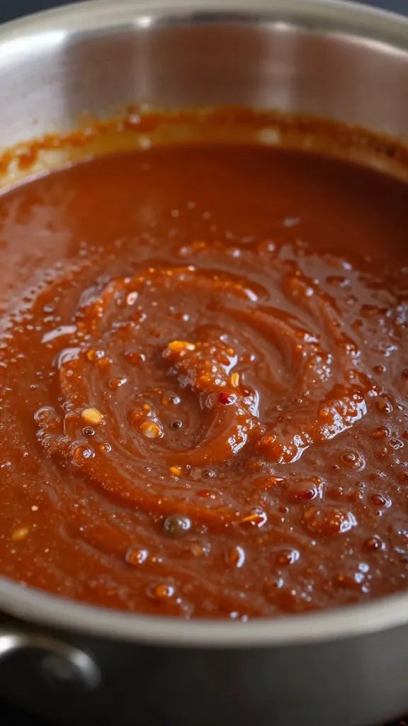 closeup saucepan of thick simmering bbq sauce, shallow depth